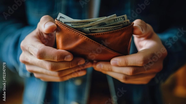 Fototapeta Man Holding Empty Wallet, Bankruptcy Concept, Economic Crisis, No Money, Financial Hardship, High Cost of Living in City, Personal Finance Crisis, No Credit, Empty Wallet in Hands
