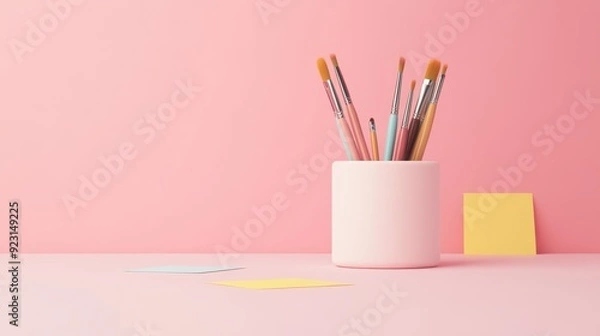 Fototapeta Rotating brush holder with multiple compartments, filled with various brushes, positioned on a vibrant, creative desk setup with colorful post-it notes and gadgets