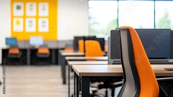 Fototapeta Modern office space featuring ergonomic chairs and sleek desks, designed for productivity and collaboration in a vibrant environment.