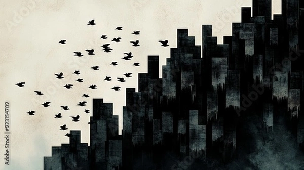 Fototapeta Silhouetted birds soar over urban structures, creating a dramatic contrast between nature and city life.