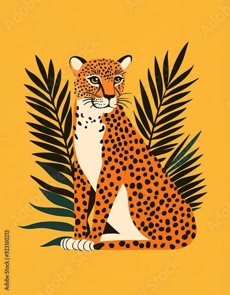 Fototapeta Leopard and Palm Trees Leaves Illustration