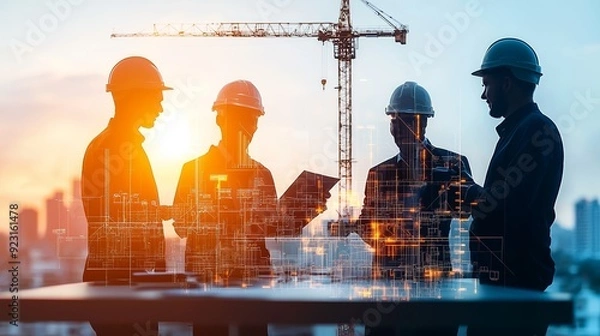 Obraz Team of engineers collaborating on a construction project, discussing plans and strategies against a sunset backdrop.