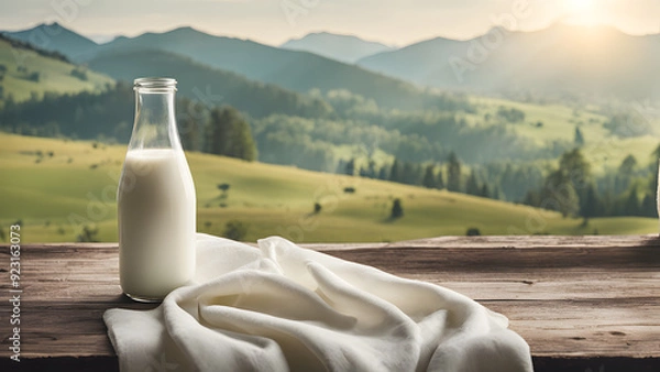 Fototapeta there is a bottle of milk on a table with a mountain view