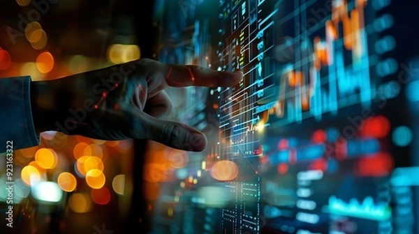 Obraz Hand interacts with a digital screen showcasing a data visualization. The display shows various graphs and charts representing data flow and information analysis.