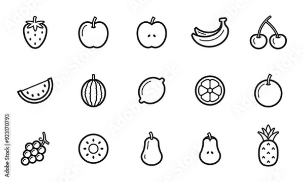 Fototapeta Set of fruit icons. Food symbol elements for cards, menus, web, apps, flyer, poster. PNG.