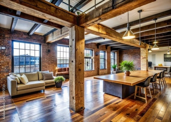 Fototapeta Rustic wooden support beam exposed in a renovated industrial loft, highlighting the building's original architecture and adding a touch of urban charm.