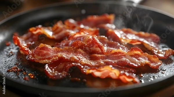 Fototapeta Realistic closeup photo of frying bacon in raw style