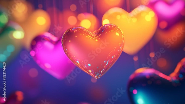 Fototapeta A collection of colorful hearts hanging from a string. The hearts are all different colors and sizes, but they all have the same shape. The scene is bright and cheerful, and it seems like a fun