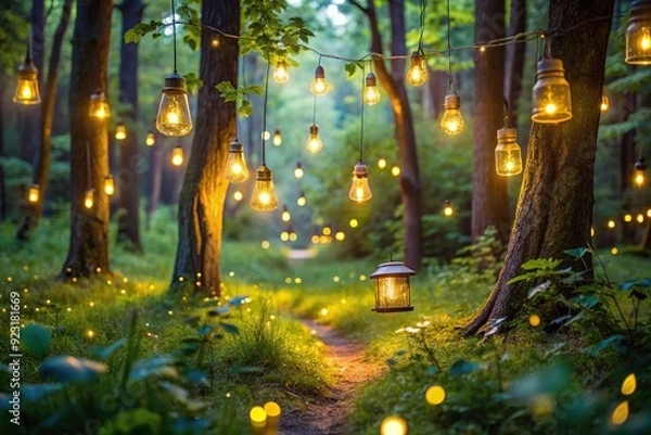 Fototapeta Serene summer evening ambiance as gentle forest crickets create soothing melodic chirping sounds amidst lush green foliage and twinkling firefly lights.
