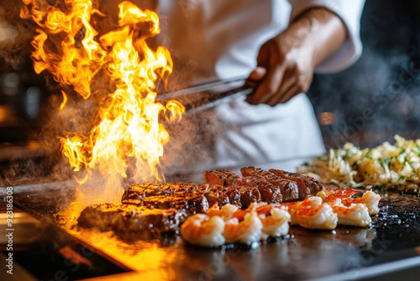 Obraz Chef Cooking on a Hibachi Grill with Flames