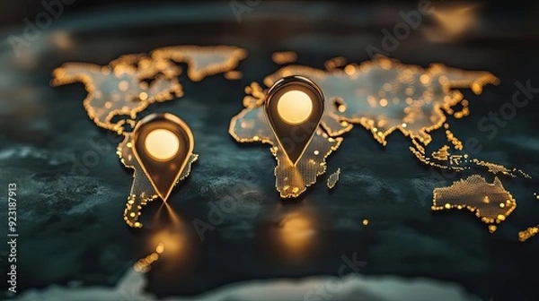 Fototapeta Two Illuminated Location Pins on a Golden World Map