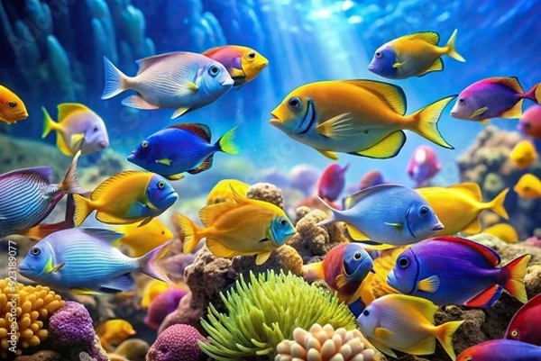 Obraz Vibrant exotic fish swim together in a colorful school amidst coral reef, with blue and yellow fish standing out against a blurred ocean background.