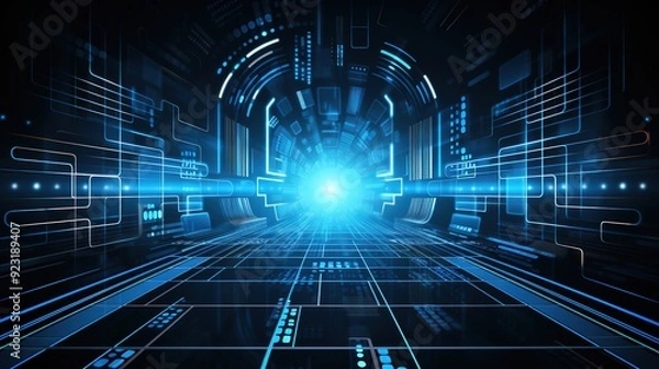 Obraz Futuristic blue glowing lines and squares create a digital tunnel, leading to a bright light.