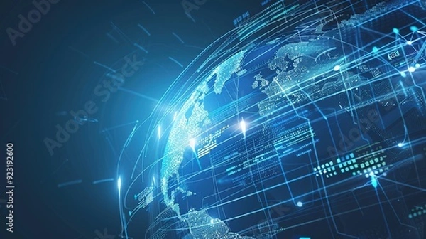 Fototapeta Futuristic digital globe with glowing lines and data.