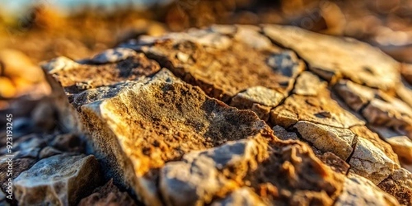 Fototapeta Macro view of rough stone surface with varying textures, ridges, and cracks, showcasing natural imperfections and earthy tones in high-contrast lighting.