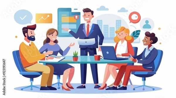 Fototapeta A corporate business team and manager are attentive postures and engaged in discussion reflect the importance of collaborative planning, as they navigate the path towards achieving organizational goal