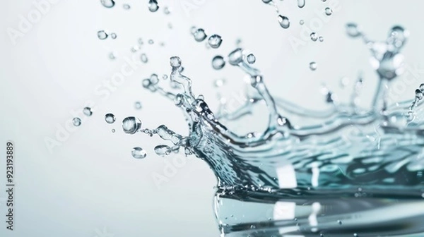 Obraz Digital illustration of water splashes and drops against a minimalist white background, blending realism with artistic interpretation to convey the beauty and fluidity of water in a creative manner.