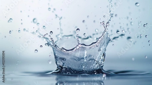 Obraz High-speed capture of water splashes and drops frozen against a plain white background, showcasing the ephemeral beauty and dynamic nature of liquid in motion. Suitable for projects requiring a vivid