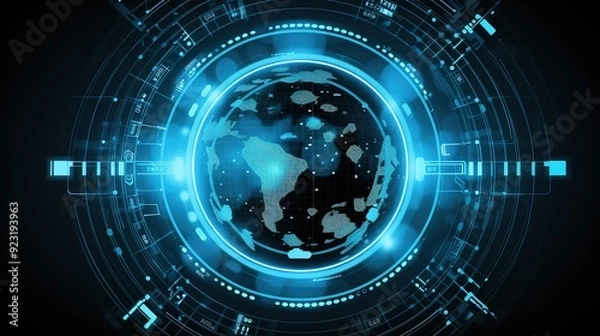 Obraz Futuristic digital interface with a glowing globe, representing global network and connectivity.
