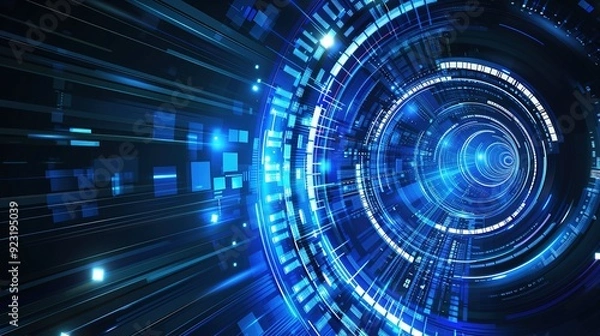 Obraz Futuristic digital technology background with blue glowing lines and circles.