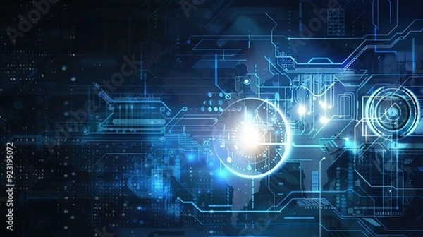 Obraz Futuristic digital technology background with glowing blue circuit board design.