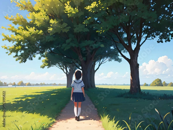 Obraz 野原をゆっくりと歩いている女性