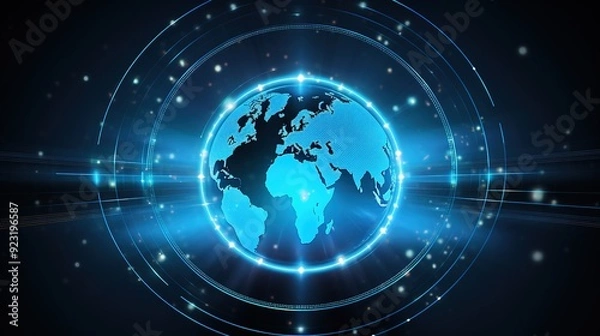 Obraz Futuristic glowing blue earth globe with abstract lines and lights.