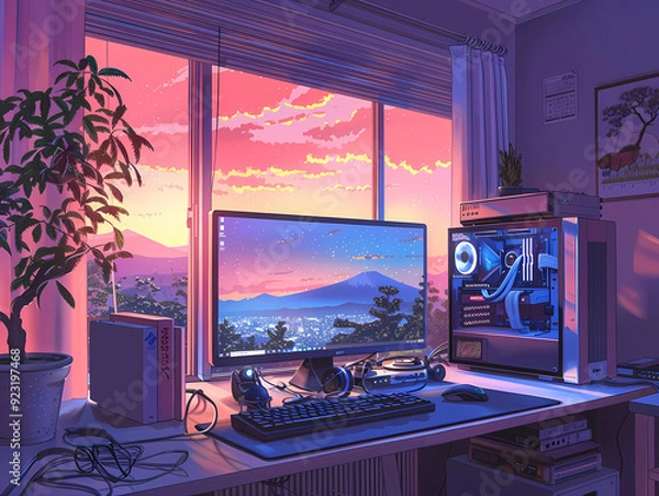 Fototapeta work desk with city views background illustration,beautiful lof animei background
