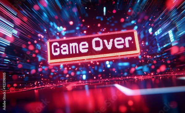 Fototapeta "Game Over" sign glowing in a neon-lit digital environment.