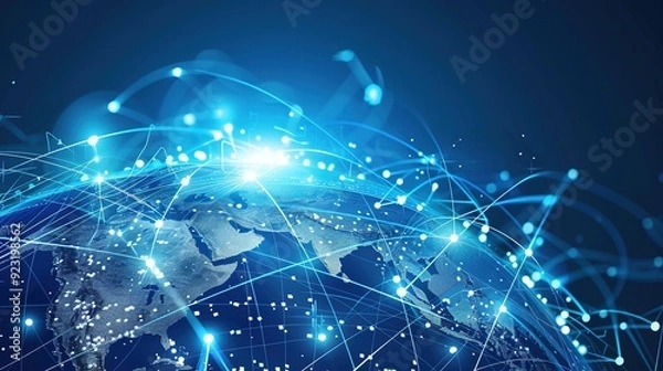 Fototapeta Global network connections with glowing lines and dots over a digital globe.
