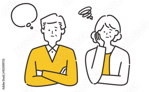 Obraz 困る・悩む年配夫婦・シニア（男性女性60代70代80代）のイラスト素材