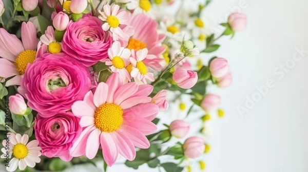 Fototapeta Elegant bouquet of pink flowers with bold yellow centers, capturing the vivid and fresh essence of springtime blooms.
