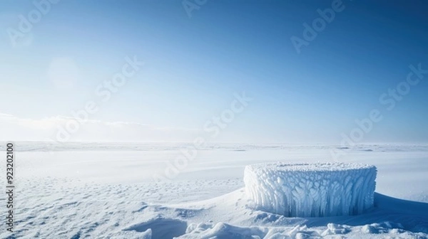Fototapeta A frozen ice sculpture sits in the middle of a snow-covered field