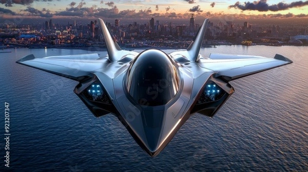 Fototapeta A realistic photo of a futuristic fighter jet hovering over an ocean, with reflections shimmering in the water.