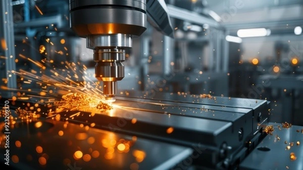 Fototapeta Industrial CNC Machine in Action with Sparks Flying in a Modern Manufacturing Facility
