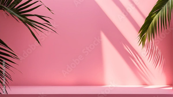 Fototapeta A pink wall with a green palm tree on it