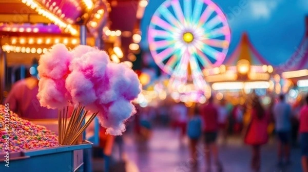 Fototapeta Colorful cotton candy stands out amidst the twinkling lights and joyful atmosphere of a lively summer fair at dusk