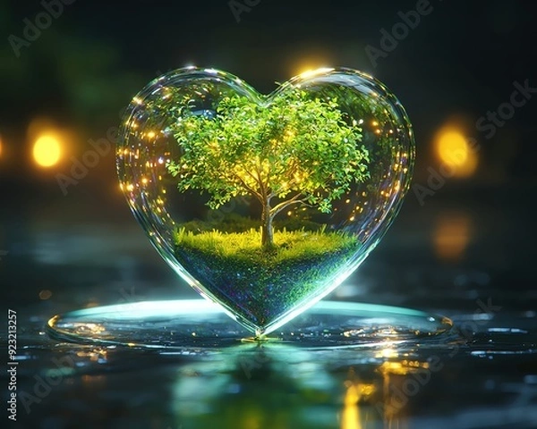 Fototapeta AI and green tech, A Podium a futuristic hologram of a green heart with small tree made from glowing light inside, on eco background