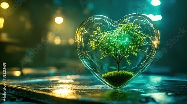 Fototapeta AI and green tech, A Podium a futuristic hologram of a green heart with small tree made from glowing light inside, on eco background