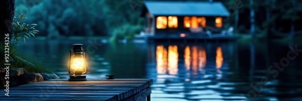 Fototapeta A tranquil waterfront view captures a glowing lantern beside a wooden dock and a cabin illuminated in the evening light across the serene lake