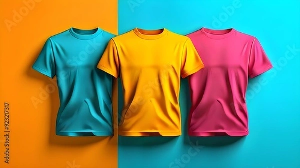 Fototapeta Colorful t-shirts on colorful background. t-shirt mock ups with five different colours.3D illustration