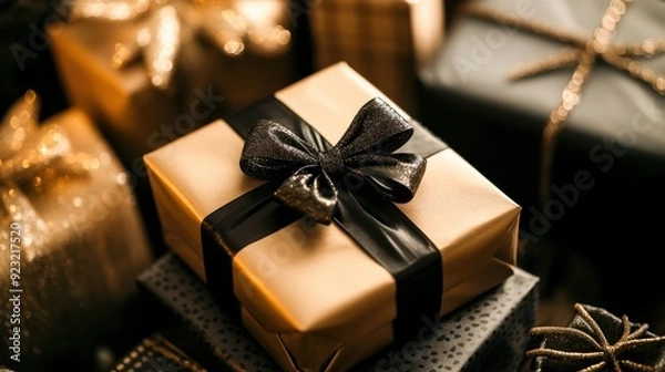 Fototapeta Beautifully wrapped presents with intricate bows create a warm and inviting atmosphere, perfect for holiday gatherings and celebrations