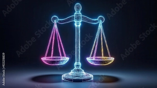 Fototapeta Employment rights depicted as a futuristic balance scale, with glowing neon details, deep shadows, conceptual 3D art