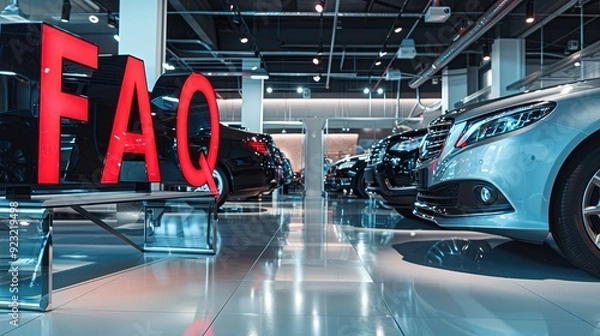 Obraz Sleek car showroom with luxury vehicles and reflective floors; with the letters "FAQ" written in polished, high-end font. 