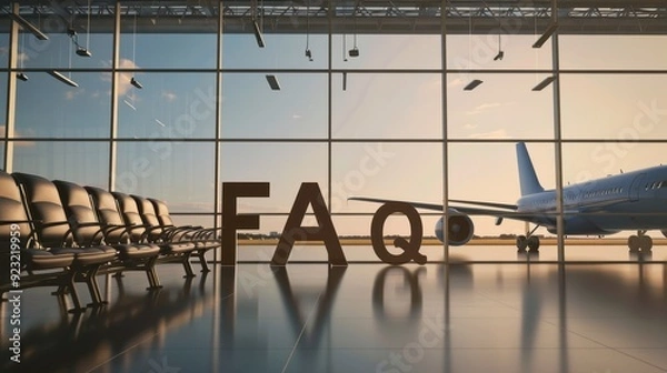Obraz Airport terminal with planes visible through large windows; with the letters "FAQ" written in modern, travel-inspired font. 