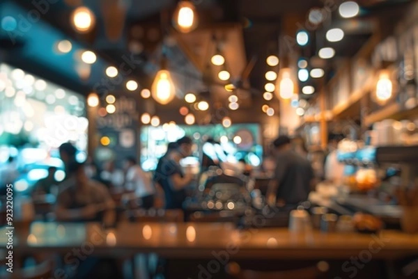 Fototapeta Blurred image of a busy café with warm lighting and a bustling atmosphere, featuring out-of-focus people and decor