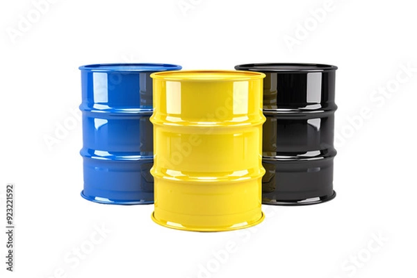 Fototapeta Front view of many metal barrels in blue yellow and black colors isolated on transparent background