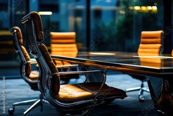 Fototapeta Warm leather chairs surround a sleek table, illuminated by soft light filtering through large windows in a sophisticated conference room