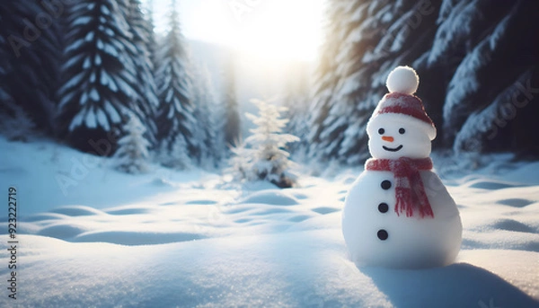 Fototapeta A photo of a snowman with a winter forest backgroun