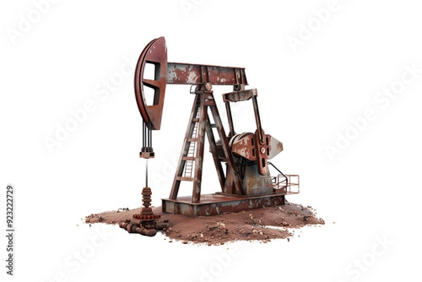 Fototapeta Rusty crude oil pump jack isolated on transparent background.